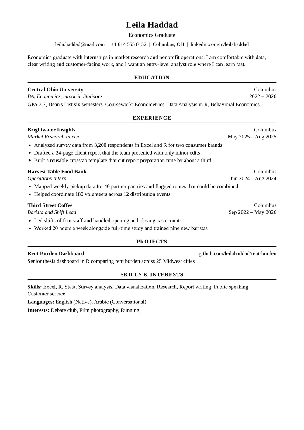 Example Harvard format CV for an economics graduate: centred name and contact line, education first, then experience, projects and skills and interests on one page in black serif type