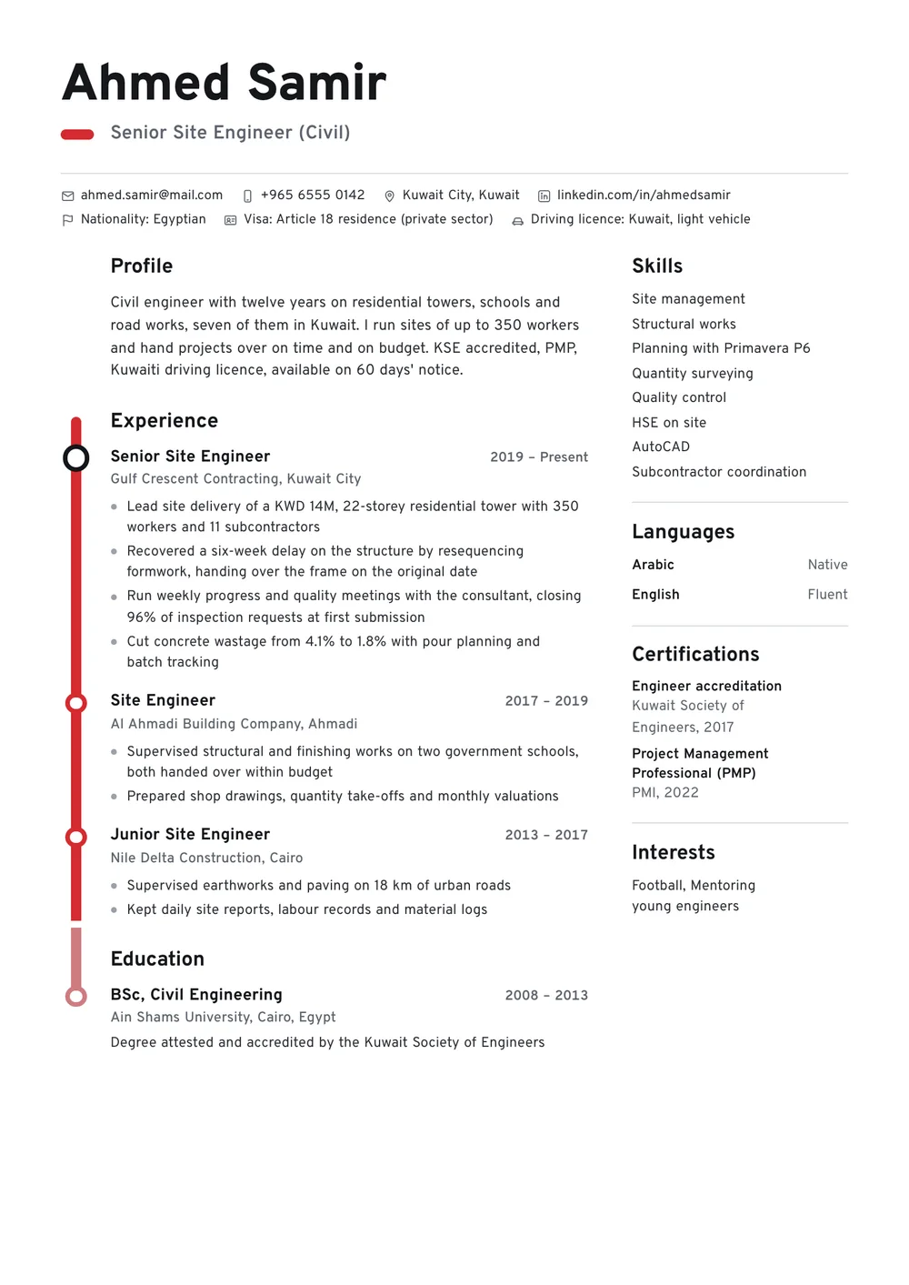 Sample Kuwait CV for a senior site engineer in Kuwait City, with nationality, Article 18 residence and driving licence under the name, KSE accreditation and three jobs in reverse order
