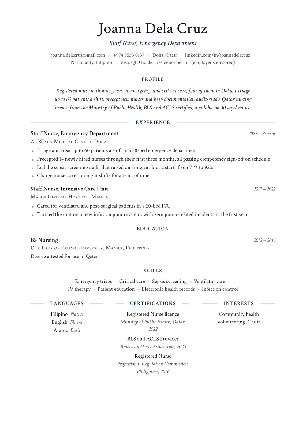 Example Qatar CV for a staff nurse in Doha, with nationality and QID residence status under the name, a Ministry of Public Health licence and two jobs in reverse order